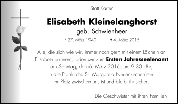 Traueranzeige von Elisabeth Kleinelanghorst von Die Glocke