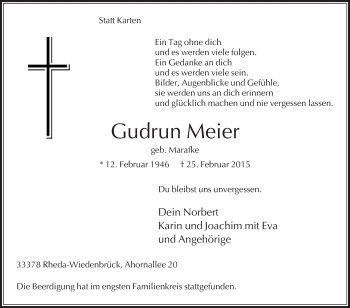 Traueranzeige von Gudrun Meier von Die Glocke