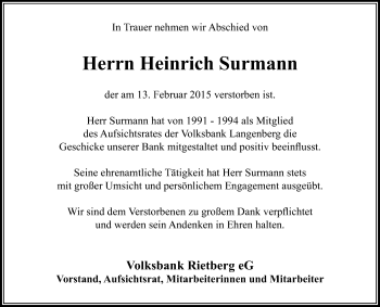 Traueranzeige von Heinrich Surmann von Die Glocke