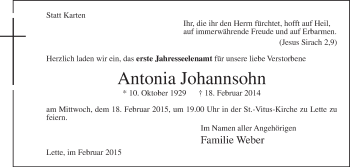 Traueranzeige von Antonia Johannsohn von Die Glocke