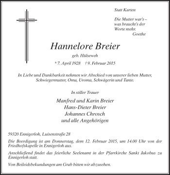 Traueranzeige von Hannelore Breier von Die Glocke