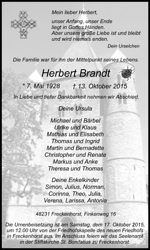  Traueranzeige für Herbert Brandt vom 15.10.2015 aus Die Glocke