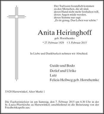 Traueranzeige von Anita Heiringhoff von Die Glocke