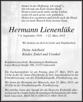 Traueranzeige von Hermann Lienenlüke von Die Glocke