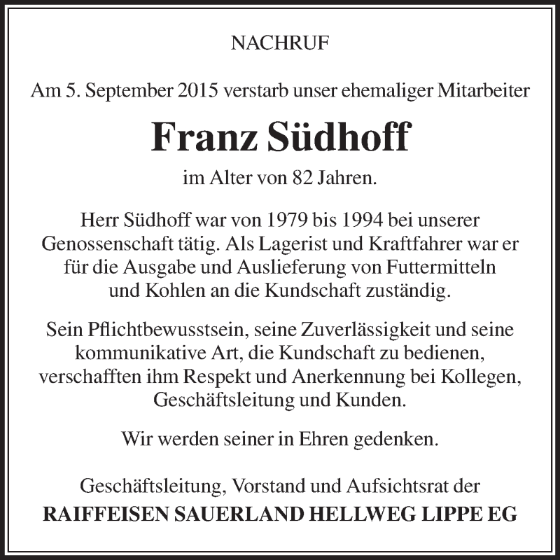  Traueranzeige für Franz Südhoff vom 09.09.2015 aus Die Glocke