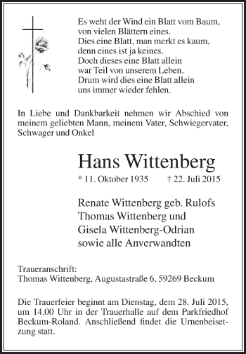 Traueranzeige von Hans Wittenberg von Die Glocke