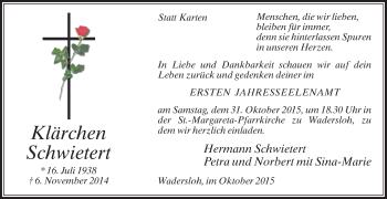 Traueranzeige von Klärchen Schwietert von Die Glocke