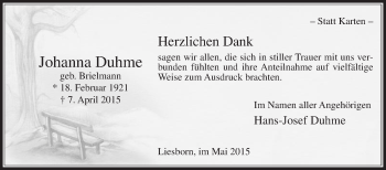 Traueranzeige von Johanna Duhme von Die Glocke