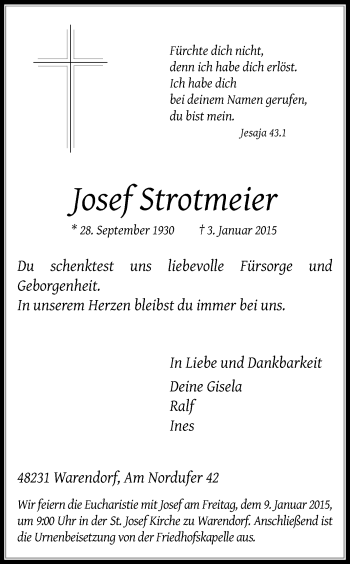 Traueranzeige von Josef Strotrneier von Die Glocke