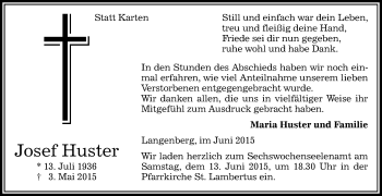 Traueranzeige von Josef Huster von Die Glocke
