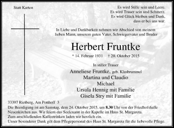 Traueranzeige von Herbert Fruntke von Die Glocke