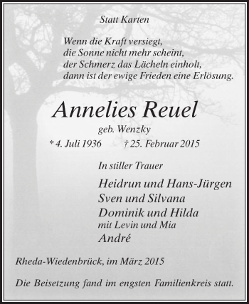 Traueranzeige von Annelies Reuel von Die Glocke