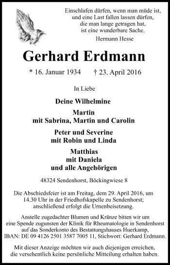 Traueranzeige von Gerhard Erdmann von Die Glocke