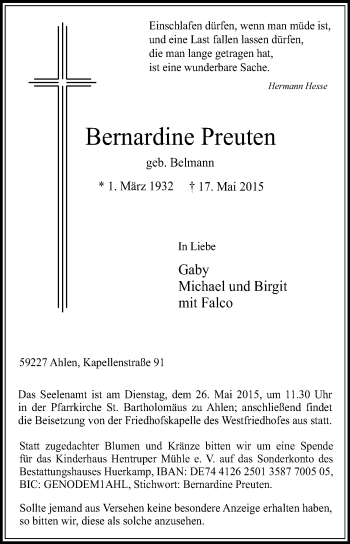 Traueranzeige von Bernardine Preuten von Die Glocke