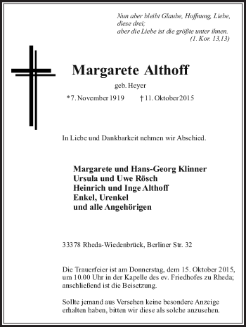 Traueranzeige von Margarete Althoff von Die Glocke