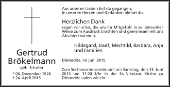 Traueranzeige von Gertrud Brökelmann von Die Glocke