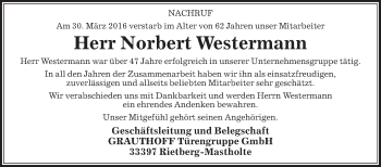 Traueranzeige von Norbert Westermann von Die Glocke