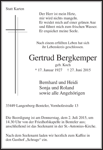 Traueranzeige von Gertrud Bergkemper von Die Glocke
