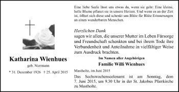 Traueranzeige von Katharina Wienhues von Die Glocke