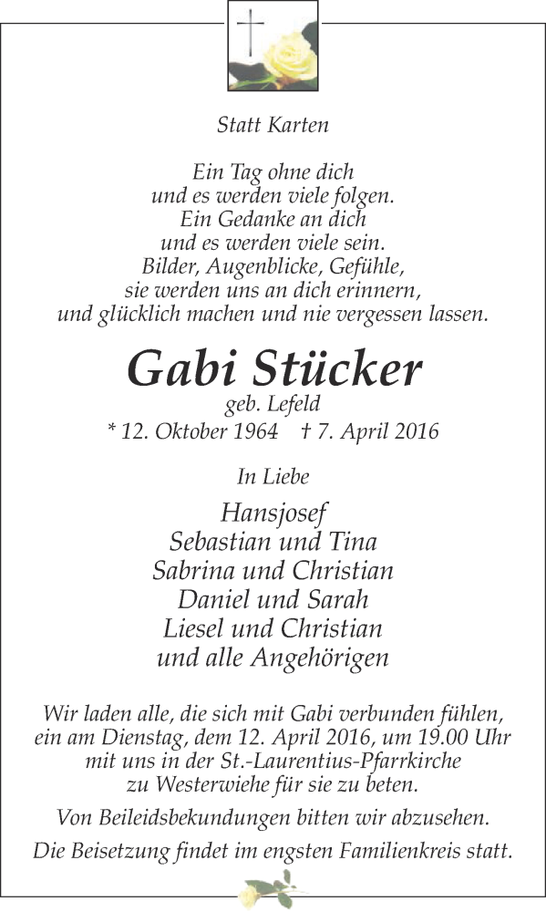  Traueranzeige für Gabi Stücker vom 09.04.2016 aus Die Glocke