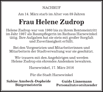 Traueranzeige von Helene Zudrop von Die Glocke