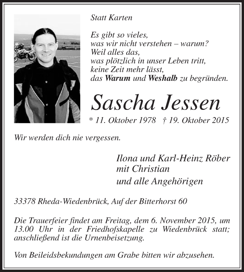  Traueranzeige für Sascha Jessen vom 31.10.2015 aus Die Glocke