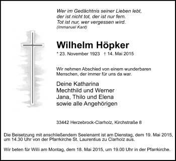 Traueranzeige von Wilhelm Höpker von Die Glocke