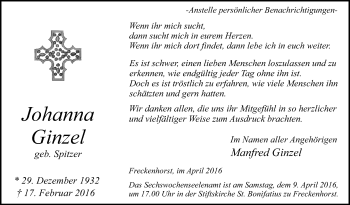 Traueranzeige von Johanna Ginzel von Die Glocke