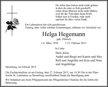 Traueranzeige von Helga Hegemann von Die Glocke