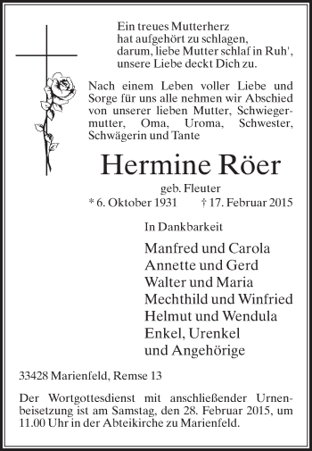 Traueranzeige von Hermine Röer von Die Glocke