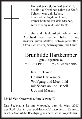 Traueranzeige von Brunhilde Hartkemper von Die Glocke