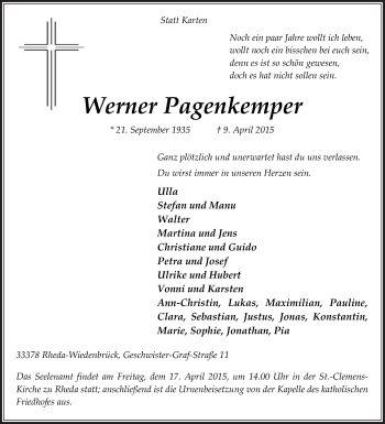 Traueranzeige von Werner Pagenkemper von Die Glocke