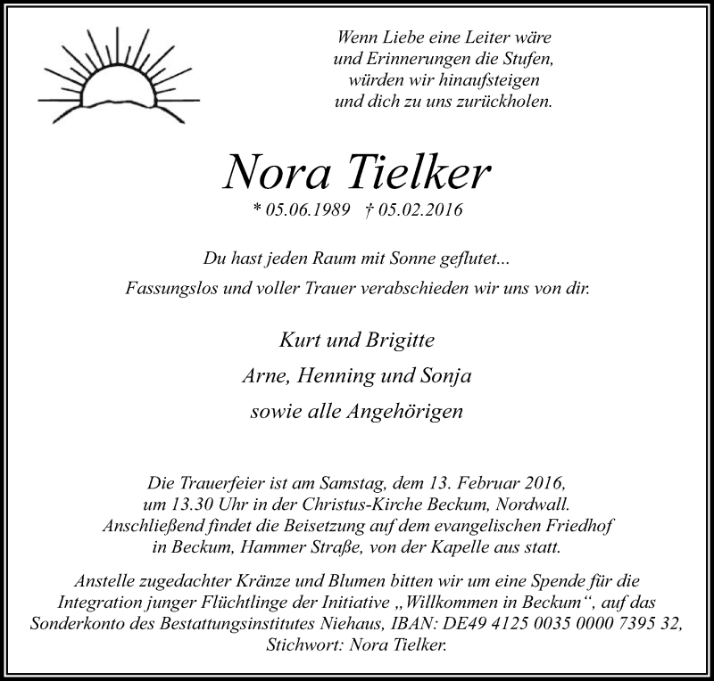  Traueranzeige für Nora Tielker vom 10.02.2016 aus Die Glocke