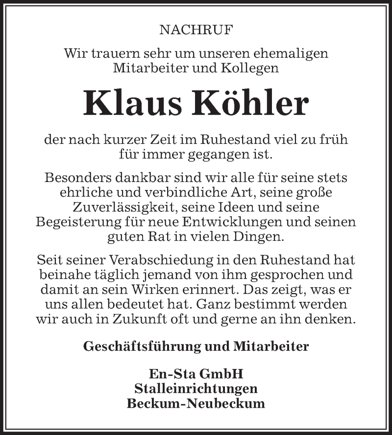  Traueranzeige für Klaus Köhler vom 28.02.2015 aus Die Glocke