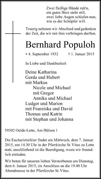 Traueranzeige von Bernhard Populoh von Die Glocke