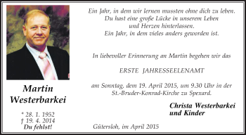 Traueranzeige von Martin Westerbarkei von Die Glocke