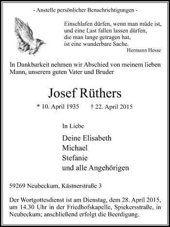 Traueranzeige von Josef Rüthers von Die Glocke