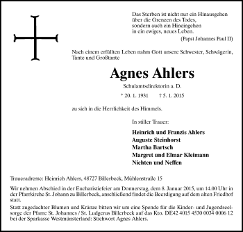 Traueranzeige von Agnes Ahlers von Die Glocke