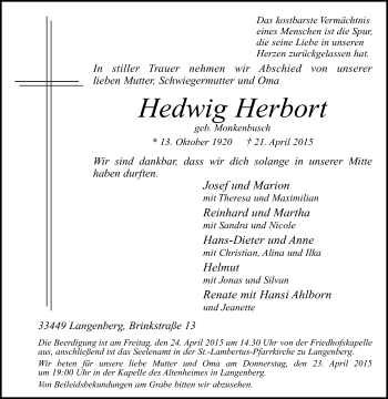 Traueranzeige von Hedwig Herbort von Die Glocke