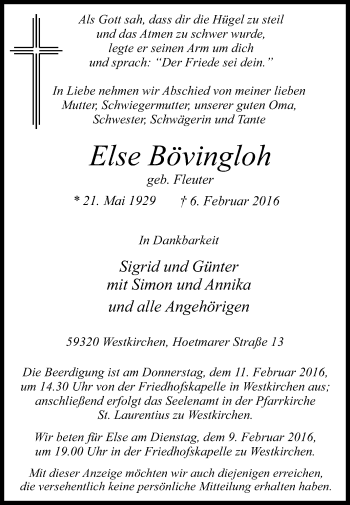 Traueranzeige von Else Bövingloh von Die Glocke