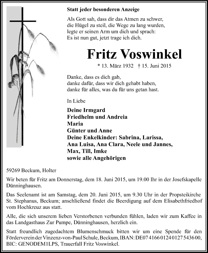  Traueranzeige für Fritz Voswinkel vom 17.06.2015 aus Die Glocke