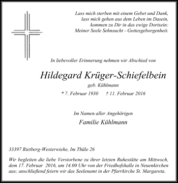 Traueranzeige von Hildegard Krüger-Schiefelbein von Die Glocke
