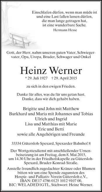 Traueranzeige von Heinz Werner von Die Glocke