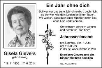 Traueranzeige von Gisela Gievers von Die Glocke