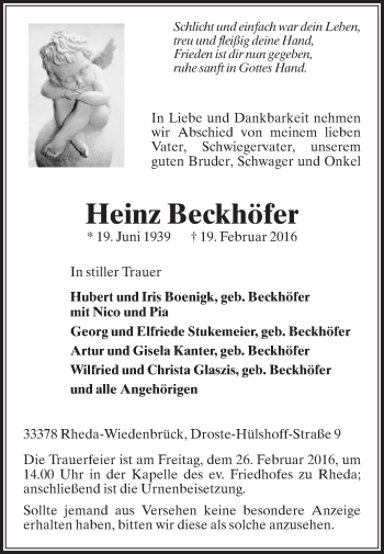 Traueranzeige von Heinz Beckhöfer von Die Glocke