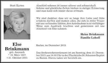 Traueranzeige von Else Brinkmann von Die Glocke