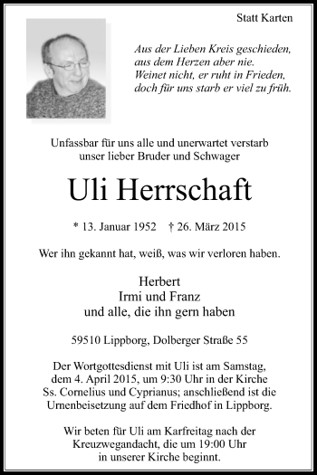 Traueranzeige von Uli Herrschaft von Die Glocke