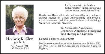 Traueranzeige von Hedwig Keßler von Die Glocke