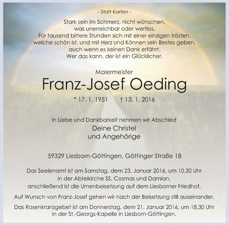  Traueranzeige für Franz-Josef Oeding vom 16.01.2016 aus Die Glocke