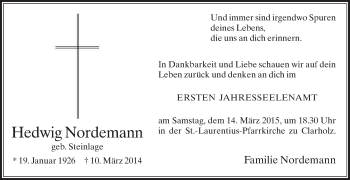 Traueranzeige von Hedwig Nordemann von Die Glocke